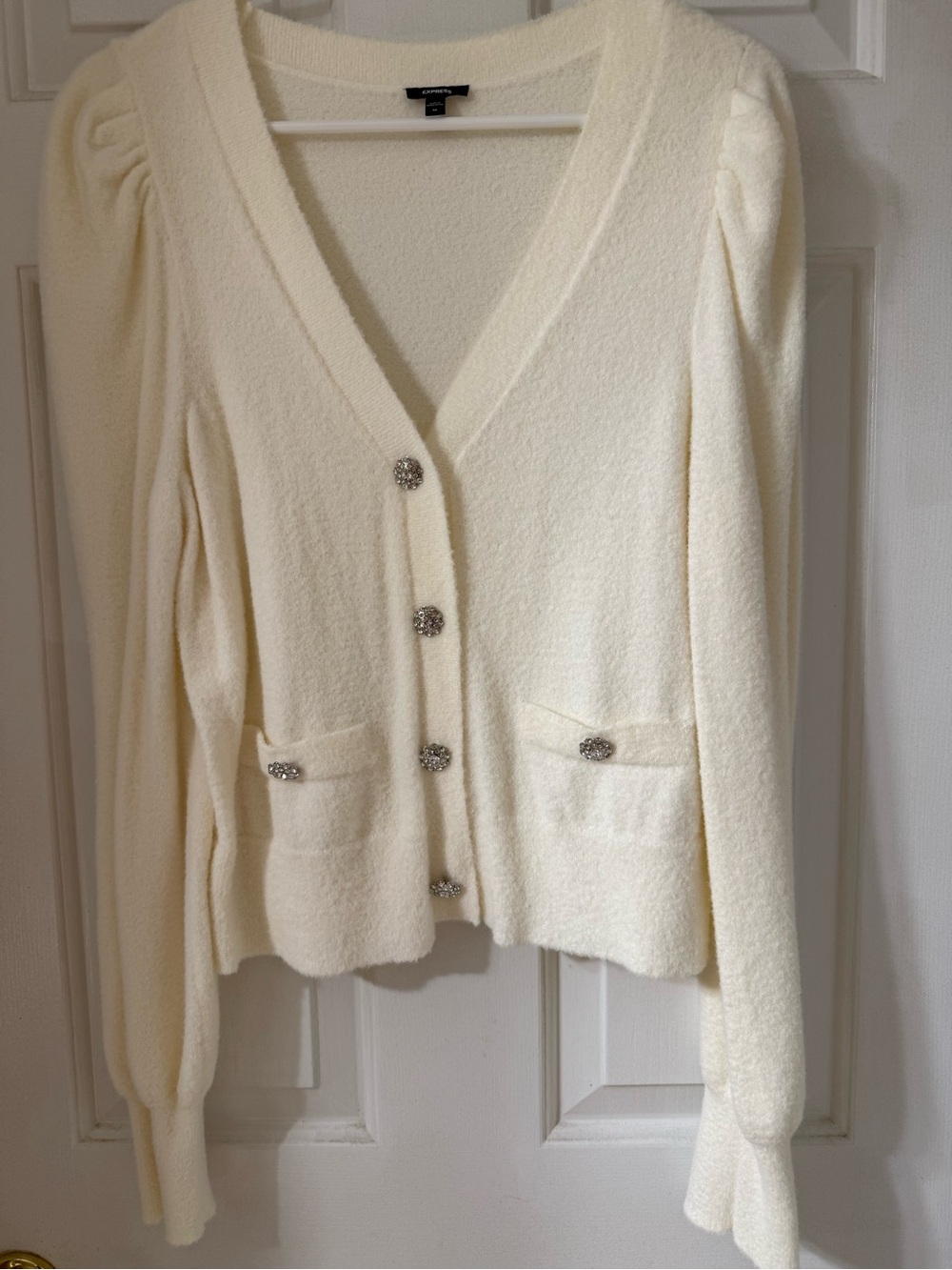 Express Cream V-Neck Button Front Cardigan with Decorative Buttons